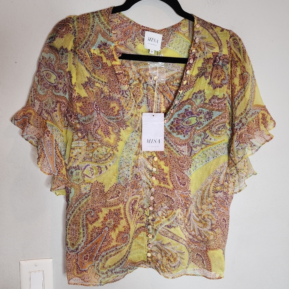 NWT MISA Para Top Ischia Neon Paisley Chiffon Size Medium Button Ruffle‎ Sleeve